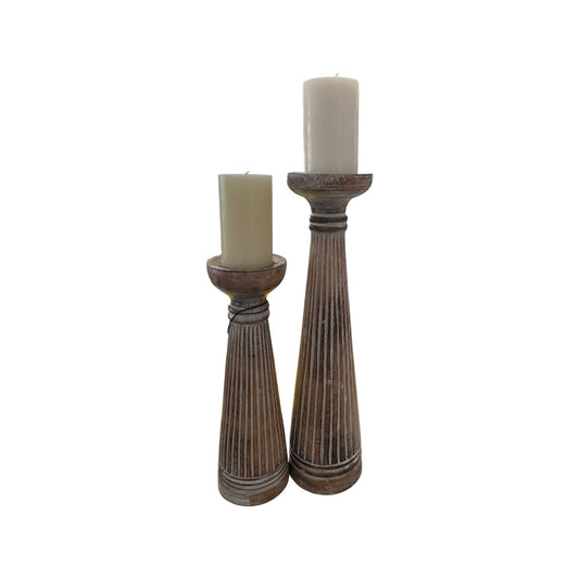 Hand Carved Pillar Candle Holder - Pair